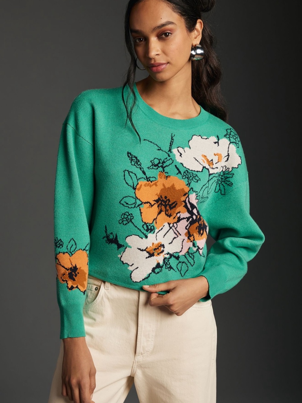Green Floral Camryn Cropped Crewneck Sweater